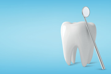 Vector 3D Realistic Tooth and Dental Mirror for Teeth Closeup Isolated on Blue Background. Medical Dentist Tool. Design Template, Clipart, Mockup. Dentistry, Healthcare, Hygiene Concept