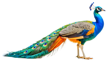 Fototapeta premium Close up photograph of a full body peacock isolated on solid white background. PNG