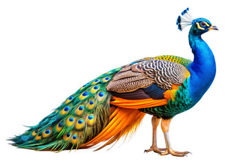 Fototapeta premium Close up photograph of a full body peacock isolated on solid white background. PNG