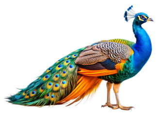 Close up photograph of a full body peacock isolated on solid white background. PNG