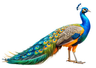 Obraz premium Close up photograph of a full body peacock isolated on solid white background. PNG