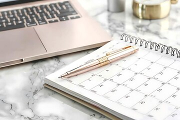 Laptop, gold pen and calendar on the table