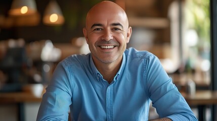 Obraz premium Happy Man Smiling in a Cozy Cafe Setting