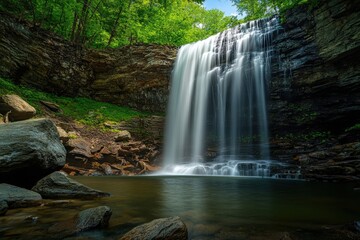 Majestic Waterfall in Lush Forest Landscape