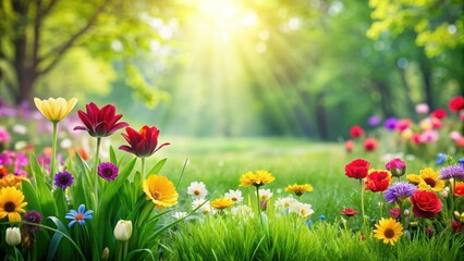 Fototapeta premium Lush green grass and vibrant flowers in full bloom, nature, meadow, garden, spring, fresh, colorful, botany, plant, blossom