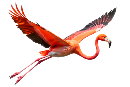 Red flying flamingo bird isolated on white background.PNG - Powered by Adobe