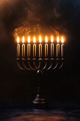 A glowing Hanukkah menorah with nine lit candles, casting a warm and inviting light against a dark, smoky background.