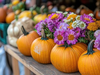 Autumn pumpkins with floral decoration in the marketplace