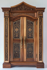 Elegant wooden cabinet with intricate carvings and detailed brass handles, showcasing masterful craftsmanship and ornate design in a classic style.