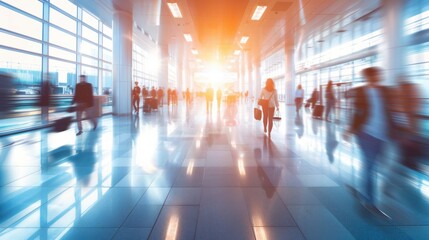 Fototapeta premium Busy Airport Terminal with Blurred Passengers