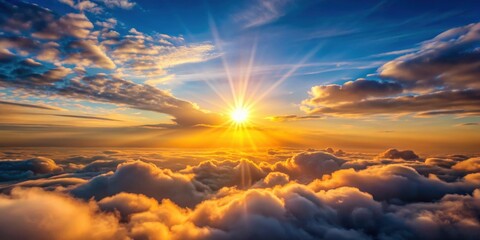 Fototapeta premium Beautiful sunrise with sun peeking through fluffy clouds , sunshine, sky, weather, nature, atmospheric, dramatic