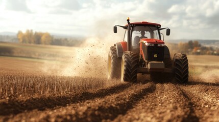 Obraz premium A 3D tractor in mid-action, tilling the soil of a large, digital field with animated dust and dirt flying in the air, set in a rural landscape.