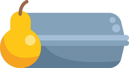 This vector illustration features a ripe yellow pear next to a grey lunch box, promoting healthy eating habits