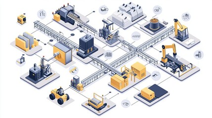 Fototapeta premium Industrial Manufacturing Production process Flowchart of a production process with machinery icons, clean and minimalistic infographic, isolated on white background