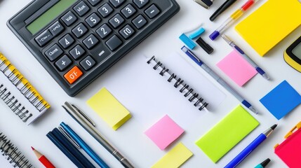 A desk layout featuring essential office supplies like pens, sticky notes, and a calculator on a white background, symbolizing productivity.