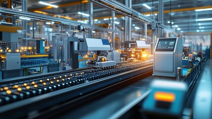 Fototapeta premium Industrial Manufacturing Production process Assembly line with robotic arms working, modern industrial production, 3D illustration, isolated on white background