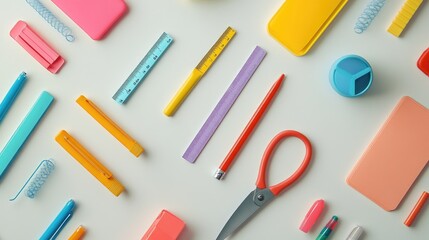 A minimalistic flat lay of colorful office supplies, including scissors, a ruler, and markers, spread out on a white surface.