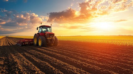 Fototapeta premium A tractor in action, tilling the soil of a large farm field, with a sunset casting long shadows on the crops and equipment.