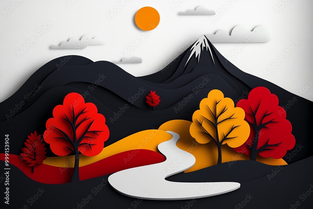 Poster minimal autumn trail design, showing a winding path through trees represented by abstract shapes in 