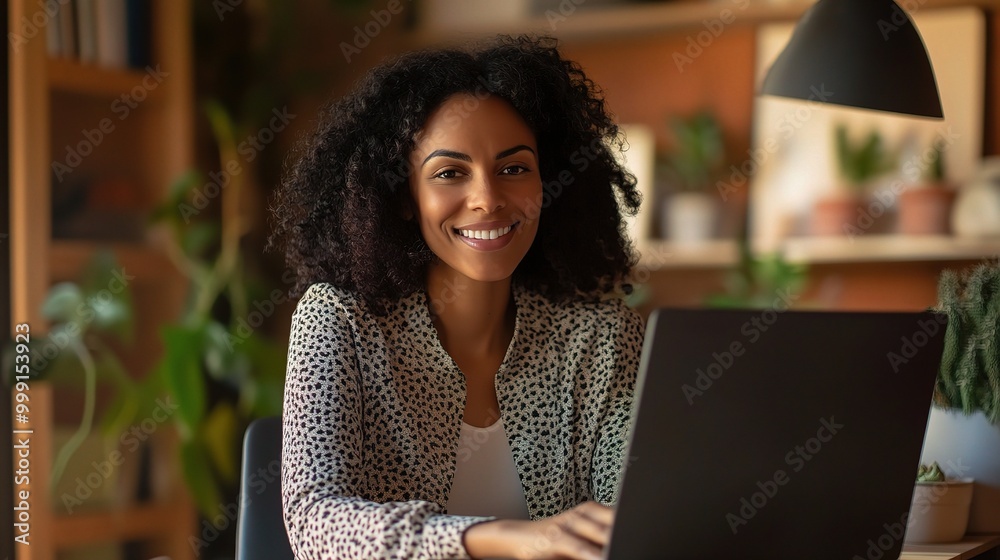 Sticker Young Woman Working on Laptop in Cozy Office Space