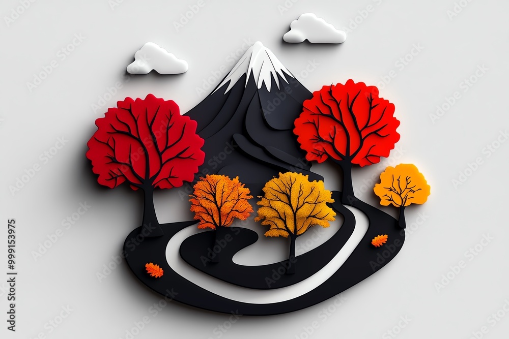 Poster minimal autumn trail design, showing a winding path through trees represented by abstract shapes in 