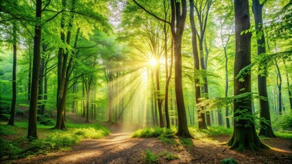 Obraz premium A serene background of a peaceful forest clearing with vibrant green trees and soft sunlight filtering through the leaves