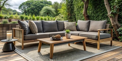 Fototapeta premium Cozy outdoor seating area with black and gray couch, brown pillows, wood chair, and coffee table, outdoor, cozy, seating area, black