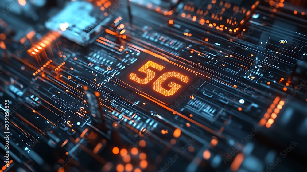 Fototapete high-speed 5g communication hub with glowing data streams connecting devices