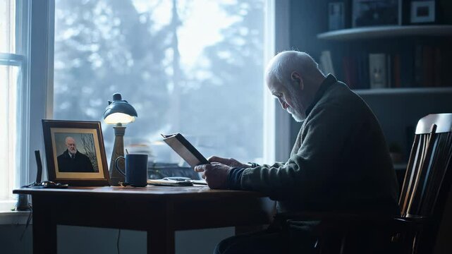 Cozy home office. Elderly man engages with e-reader at wooden desk. Soft natural light filters through window. Bookshelves, framed photo, and coffee mug visible. 