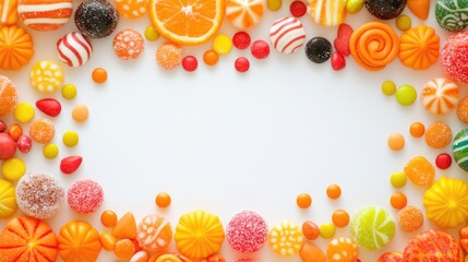 halloween themed background with assorted candies on white backdrop