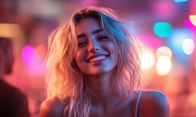 Naklejka premium a blonde woman with vibrant neon lighting, featuring a mix of pink and blue hues. The smoke effects around her create a dreamy and fantasy-like atmosphere.
