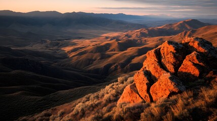 Obraz premium Golden Hour in the Desert: Majestic Mountain Range with Warm Sunset Light