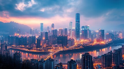 Fototapeta premium Vibrant City Skyline at Dusk Overlooking River