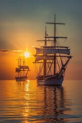 Fototapeta premium Majestic sailing ships at sunset