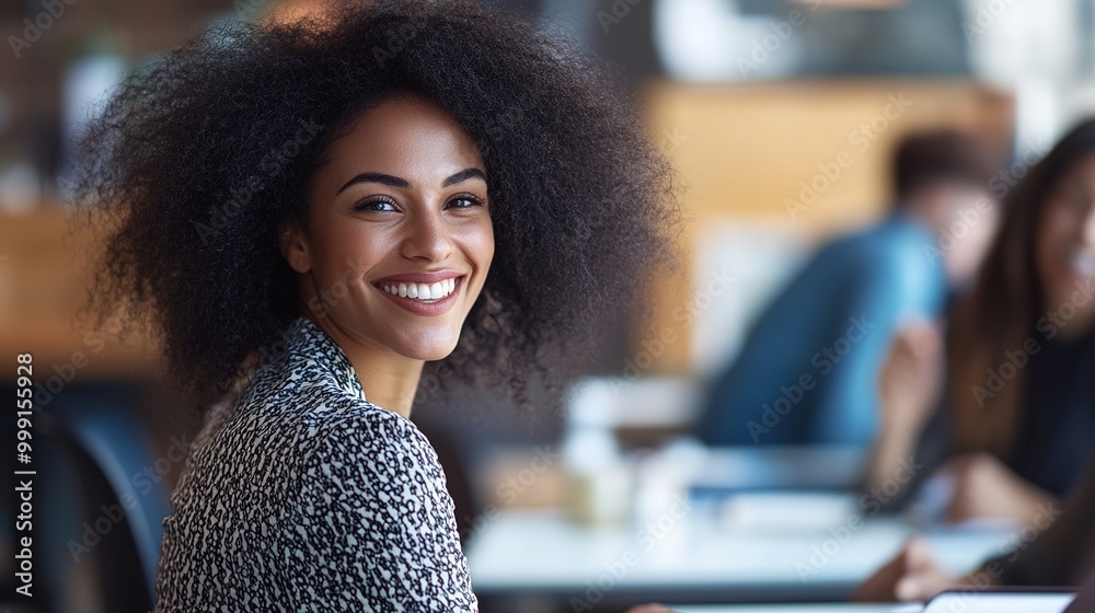 Poster Joyful Woman Smiling in a Modern Cafe Setting