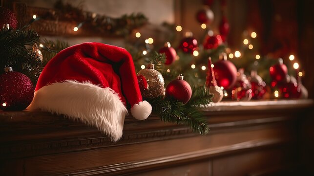 Charming Red Santa Claus hat resting on a cozy mantle, surrounded by Christmas ornaments and twinkling lights for the season 