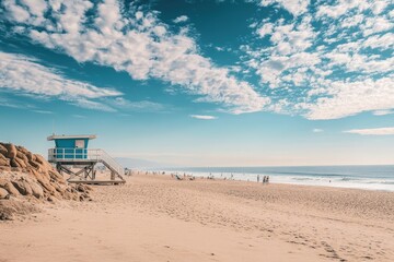 Scenic beach with lifeguard tower and cloudy sky