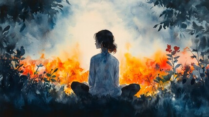 Obraz premium Meditative Woman in Nature at Sunrise Generative AI