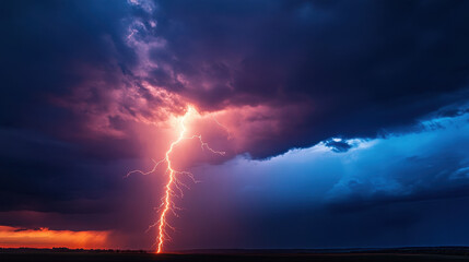 A vivid lightning bolt pierces a dramatic sky with vibrant hues of pink, purple, and blue during a nighttime thunderstorm over an open landscape.