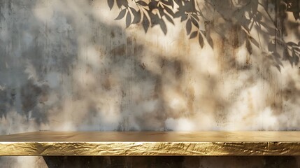 Gold Stucco Table with Nature Shadow on Concrete Wall
