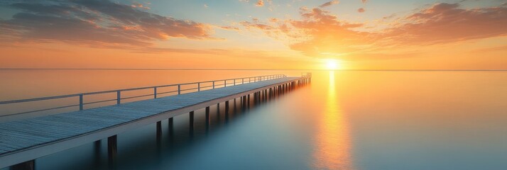Fototapeta premium serene sunset over a tranquil lake with a wooden pier