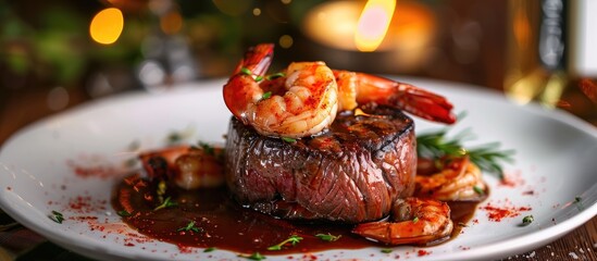 Filet Mignon With Shrimps And Glass Of Wine