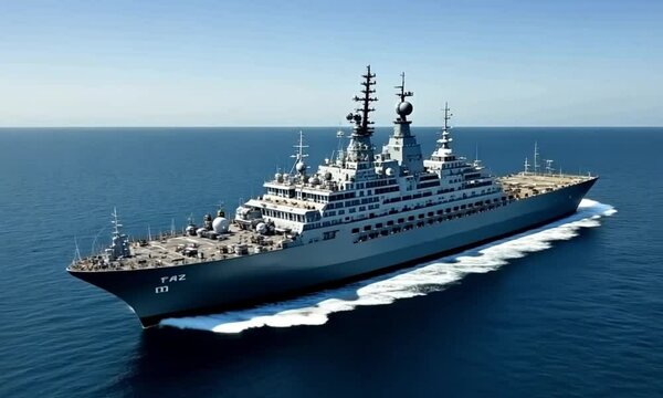 A destroyer warship is moving fast in the vast ocean