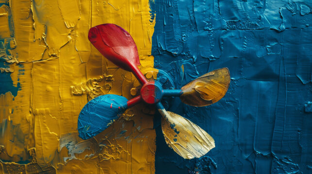 Bunt bemalter Propeller vor texturiertem Farbhintergrund.