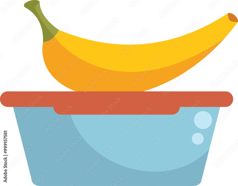 Wall mural Single banana is lying on top of a plastic lunch container with a clip on lid, suggesting a healthy and convenient snack or meal option