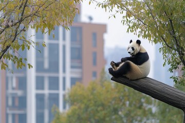 Obraz premium A playful panda enjoys a serene afternoon on a wooden branch amidst urban greenery, blending nature with city life