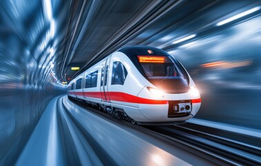 Fototapeta premium A fast-moving subway train captured with a long exposure, creating dynamic light trails and a sense of speed. The image emphasizes urban motion and modern transportation.