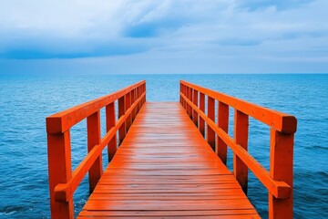 Vibrant orange wooden dock extending into serene blue waters