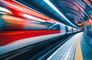 Fototapeta premium A subway train streaks through the cityscape in a long exposure image, reflecting dynamic movement and contemporary transit.