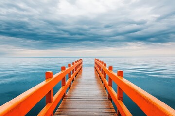 Obraz premium Tranquil wooden pier extending into serene lake
